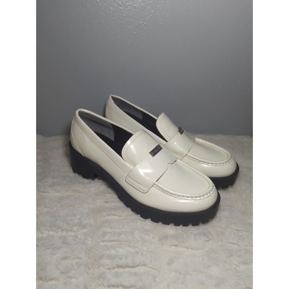 Calvin Klein KC Marli White Faux Leather Chunky Heel Ladies Loafers‎ Size 9.5 M